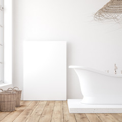 Mockup poster in minimalist white bathroom interior, 3d render