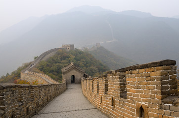 Sunset view west from tower 14 on the Mutianyu Great Wall of China north of Beijing