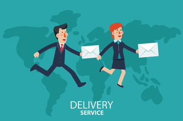 Young businessman and business woman running over the world map. Post letter, delivery service or e-mail vector concept