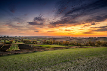Plowed fields during beautiful sunset