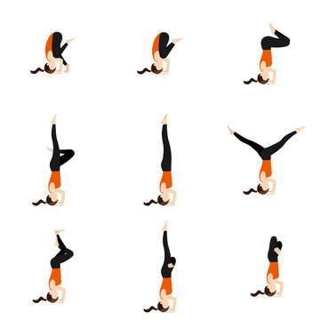 Bakasana to sirsasana yoga poses set/ Illustration stylized woman practicing yoga postures headstand variations