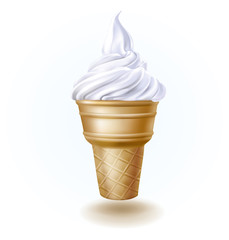 Realistic illustration of ice cream. Creamy vanilla ice cream in waffle cone. Editable EPS vector