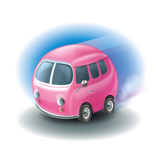 Stylish vector illustration of riding rounded pink van. Editable EPS vector