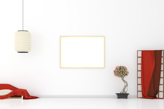 Mock Up Gold Framed Canvas Poster Asian Living Room With Japanese Couch Sofa, Paper Wall, Shoji, Red Cover, Pillow, Lamp And Plant. White Wall Background