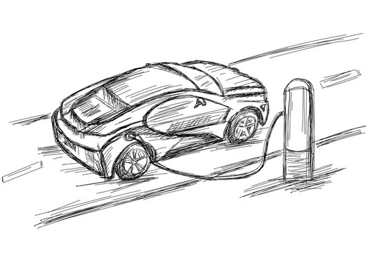 Modern Electric Car Charging at a Charge Station - Vector Illustration