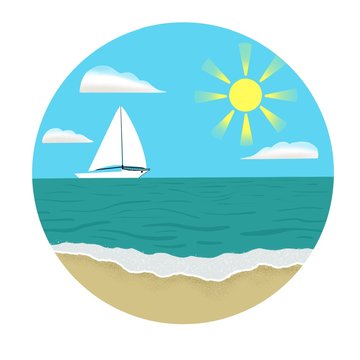 Sailboat on a beautiful sea landscape. Illustration of a white sailboat on a background of the sea.