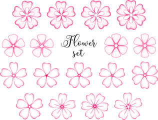 Pink abstract flowers with a dotted texture of five and six petals. Graphic hand drawn image. Elements for decoration. Vector 