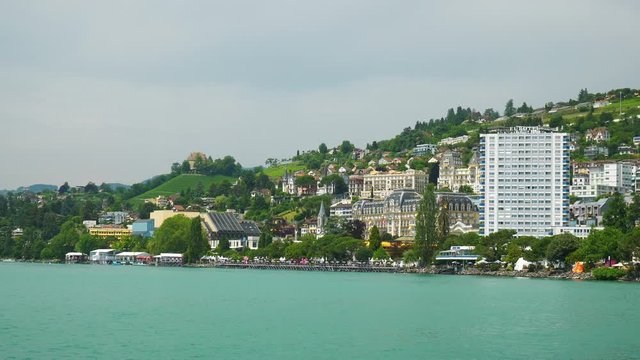 sunny day montreux city famous geneva lake bay slow motion panorama 4k switzerland