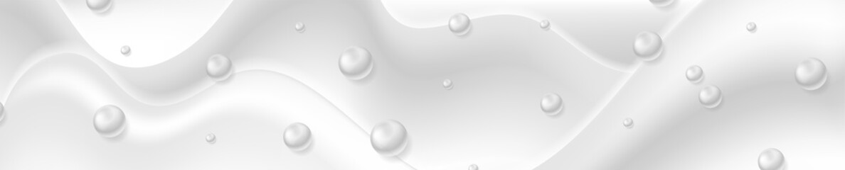 Concept grey banner design with smooth liquid waves and glossy beads. Abstract vector background