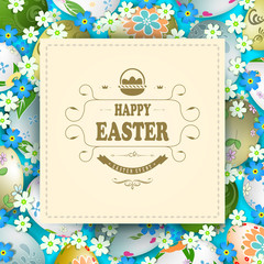 Bright Easter composition with a square frame with interwoven braid, a set of Easter eggs and many colors of blue and white