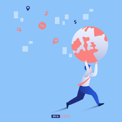 Business man running holding world globe concept. Business vector illustration