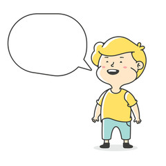 Happy little boy stands. Conversational bubble. Children's information message