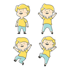 Collection of little boys characters. Children are happy, laughing and jumping. Vector illustration isolated on white background