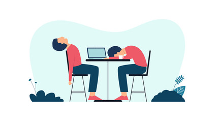 Two young men feel tired with no idea. Element collection design with business or finance concept for website development or social media advertising.