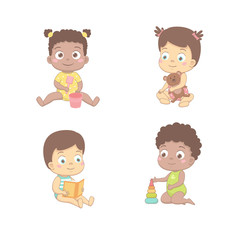 Cute babies are playing with a bucket and a shovel, a bear, reads a book, builds a pyramid. Vector illustration on a white background.