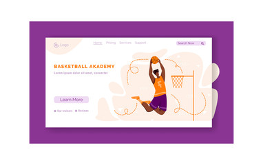 Landing page - basketball player jumping with ball and copy space or text place, muscular athletic african american man or sportsman - banner template for sport academy website, flat people - vector