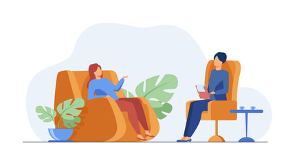 Woman visiting psychologist office. Patient sitting in armchair and talking to psychiatrist. Vector illustration for therapy session, psychotherapy counseling concept - obrazy, fototapety, plakaty