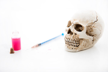 Medicine concept with human skull. Abstract photo of illness time.