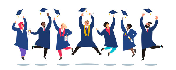 group of graduate students jumping and throwing graduation caps in air vector illustration
