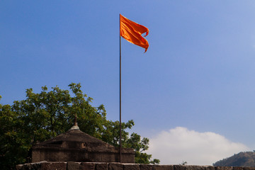 Saffron Flag Waving above a Hindu temple