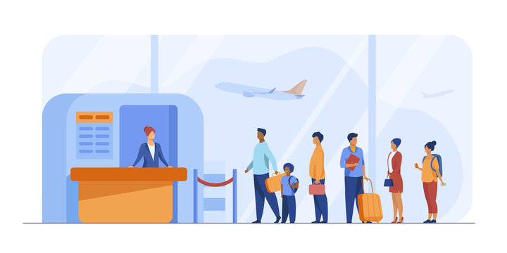 Airport Queue Vector Illustration. Line Of Tourists Standing At Check In Desk. Flight Passengers Waiting For Boarding To Plane In Departure Area