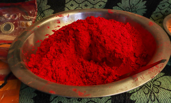 Red Color Turmeric Powder In A Steel Bowl