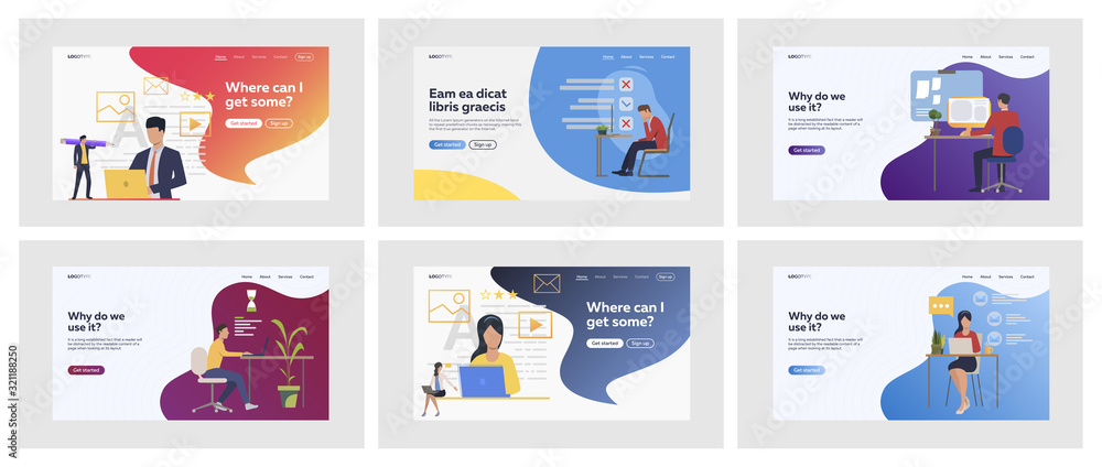 Poster set of managers working on project in deadline. flat vector illustrations of customers rating media 