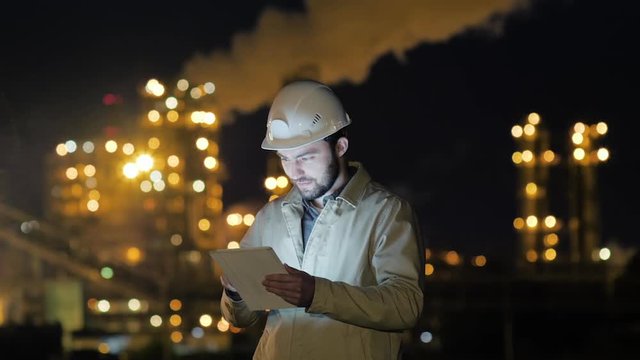 Manager Working on Tablet standing near factory.