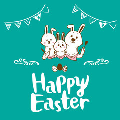 ハッピーイースターの文字　うさぎの親子