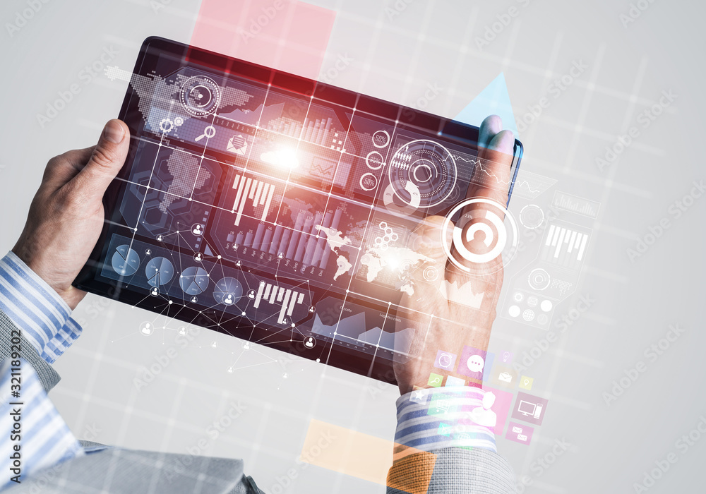 Poster interface of mobile application with charts and financial data