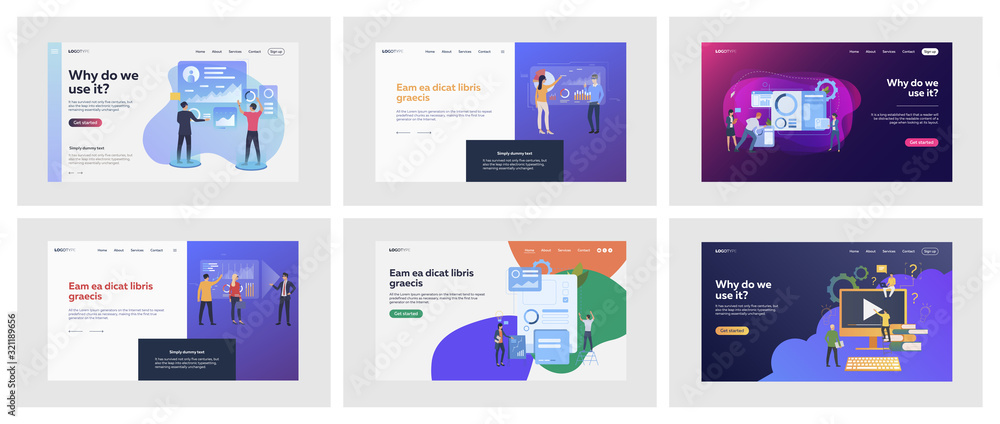 Poster set of managers analyzing statistics. flat vector illustrations of students developing video present