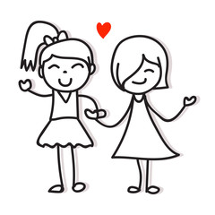 hand drawing cartoon character love concept two girls holding hand showing love same sex couple lgbt vector illustration