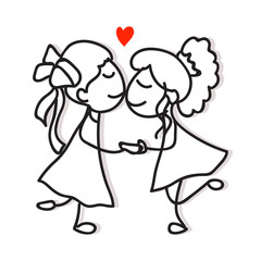 hand drawing cartoon character love concept two girls holding hand showing love same sex couple lgbt vector illustration