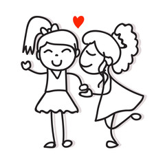 hand drawing cartoon character love concept two girls holding hand showing love same sex couple lgbt vector illustration