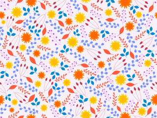 Seamless Colorful Flower with Leaves and Berry Branches Decorated Background.
