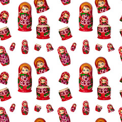 Seamless pattern of matreshka nesting doll on white background isolated, red matrioska ornament wallpaper, beautiful matryoshka backdrop, russian national art souvenir, traditional style decor print