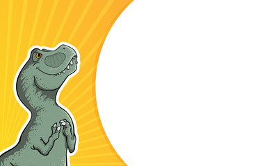 Vector background with hand drawn illustration of tyrannosaur in comix style with palce for text. Cute colorful t-rex in cartoons style with cope space