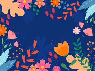 Fototapeta na wymiar Colorful Flowers and Leaves Decorated on Blue Background.