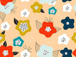 Colorful Creative Flowers with Leaves Decorated on Peach Orange Background.