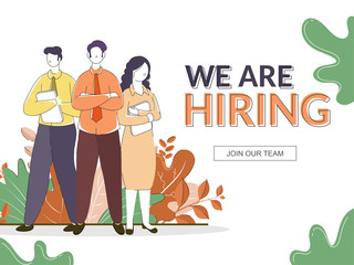 Cartoon Young Men and Woman Standing Together on Nature White Background for We Are Hiring, Join Our Team Concept.