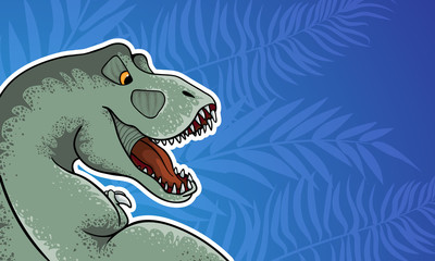 Vector background with hand drawn illustration of tyrannosaur in comix style with palce for text. Cute colorful t-rex in cartoons style with cope space