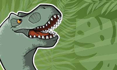 Vector background with hand drawn illustration of tyrannosaur in comix style with palce for text. Cute colorful t-rex in cartoons style with cope space © Juri Kam
