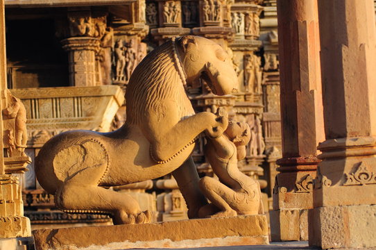 Lion and woman sculpture Khajuraho, Jagdambi temple