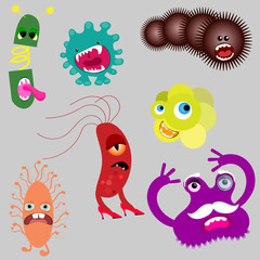 Cute viruses and bacteria in cartoon style.Vector Colored Cartoon Microbes Seamless Pattern on White Background. Pandemic Colored Backteria. Dangerous Bad Viruses. Germs Backterial Mickroorganism. 