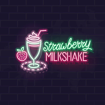 Neon strawberry milkshake typography and icon. Vector isolated neon illustration for any dark background. Fluorescent line art icon for menu, logo, poster, social network post.