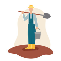 A male gardener in a yellow hat,boots, and blue robe holds a shovel and bucket. Spring planting.Gardening and inventory.Flat vector on white background