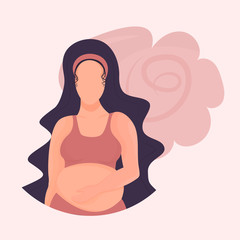 Avatar, cute pregnant woman holds her hand on her stomach. Vector, flat cartoon style. Can be used to illustrate cosmetics for pregnant women.