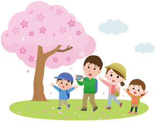 Obraz na płótnie Canvas 花見　ハイキング　桜の木　家族　イラスト