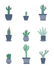 Set of cactus in pots in hand drawn style. Doodle collection. Cacti flower background.