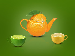 Citrus tea set from a teapot and cups, organic tea.